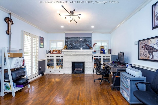 office area with ornamental molding, a fireplace, and dark hardwood / wood-style flooring