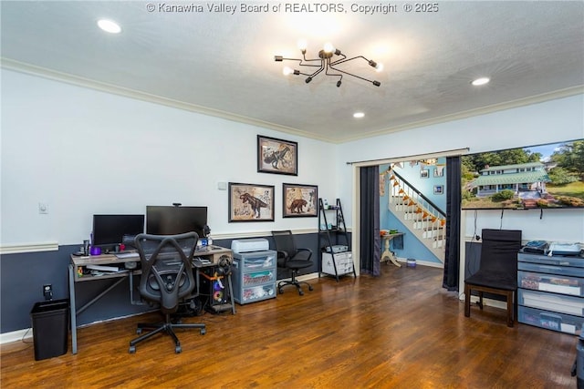 office area with dark hardwood / wood-style flooring, ornamental molding, and a textured ceiling