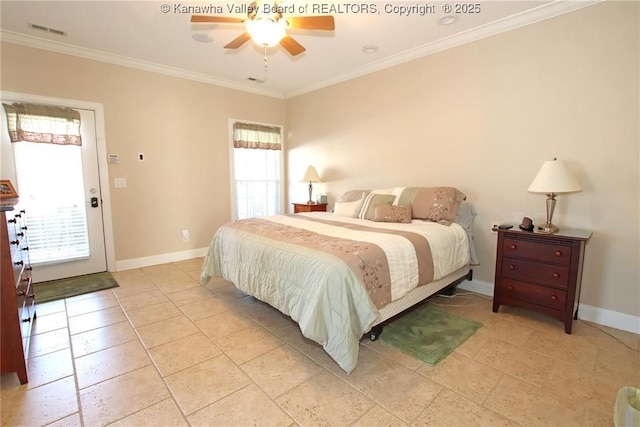 bedroom with crown molding and ceiling fan