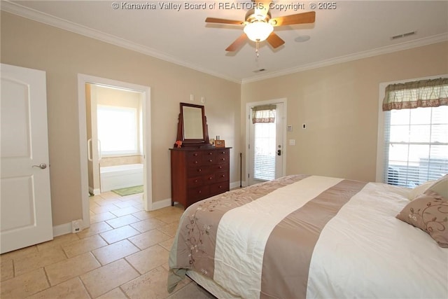 bedroom featuring ornamental molding and multiple windows