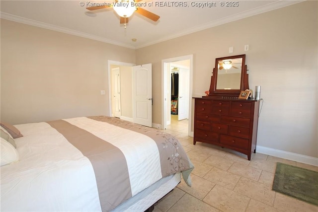 bedroom featuring ornamental molding, a walk in closet, and ceiling fan