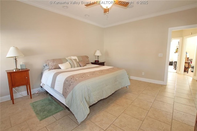 bedroom with ornamental molding and ceiling fan