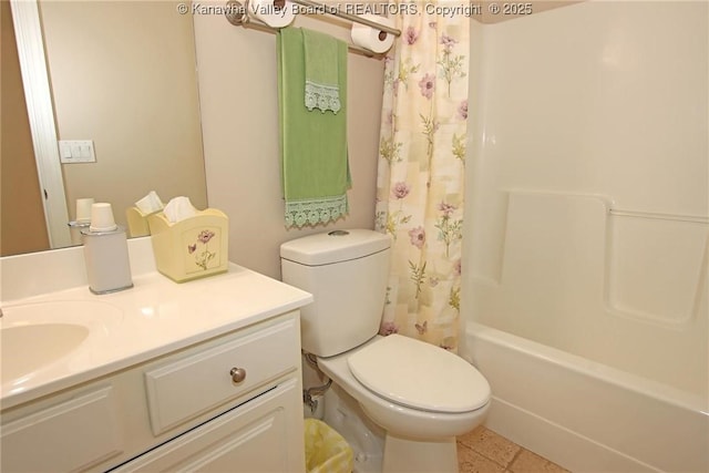 full bathroom with vanity, toilet, and shower / bath combo with shower curtain