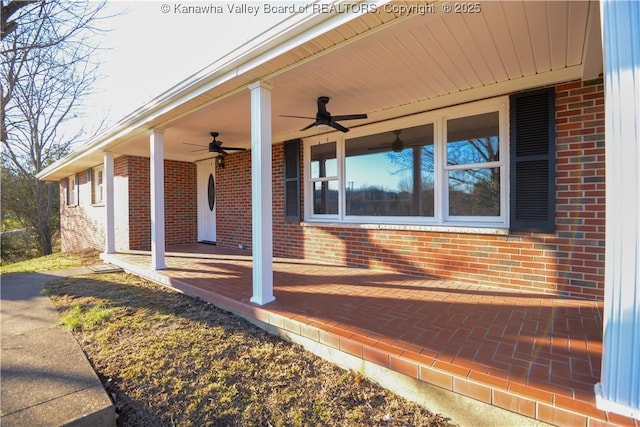 exterior space featuring ceiling fan