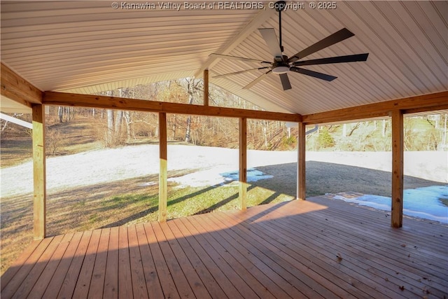 wooden terrace featuring ceiling fan