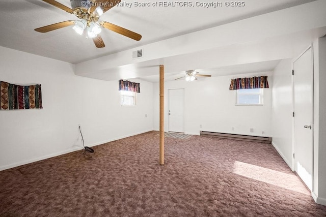 basement with a baseboard radiator and carpet floors