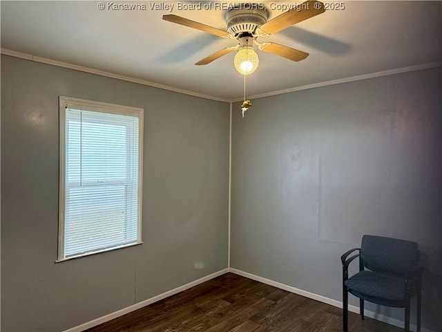 unfurnished room with crown molding, dark hardwood / wood-style floors, and ceiling fan