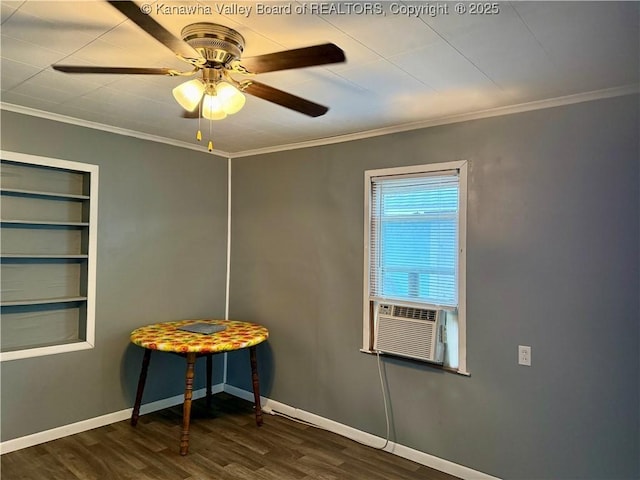 interior space featuring dark hardwood / wood-style flooring, cooling unit, ornamental molding, and ceiling fan