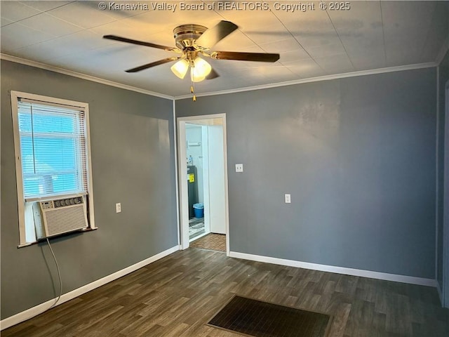 empty room with crown molding, ceiling fan, dark wood-type flooring, and cooling unit