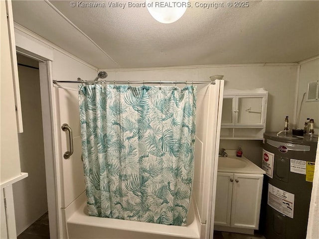 bathroom with vanity, electric water heater, shower / bath combo with shower curtain, and a textured ceiling