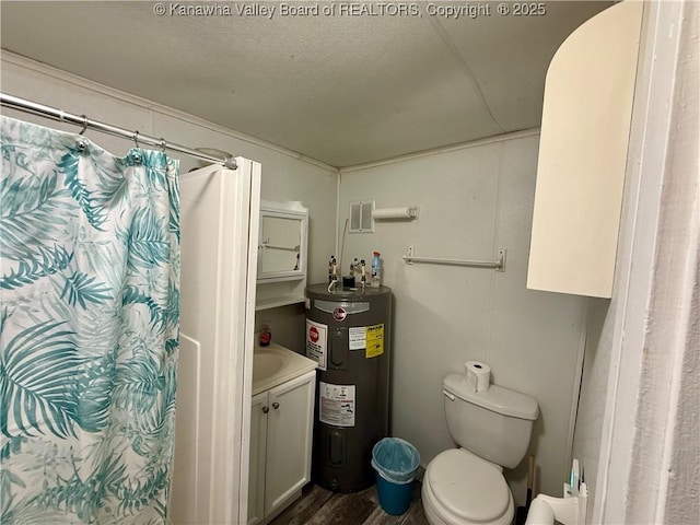 bathroom with walk in shower, toilet, a textured ceiling, vanity, and water heater