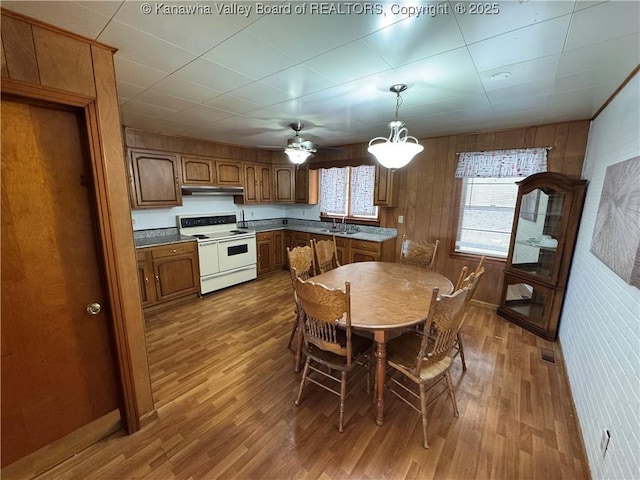 kitchen featuring wood-type flooring, decorative light fixtures, sink, and range with two ovens