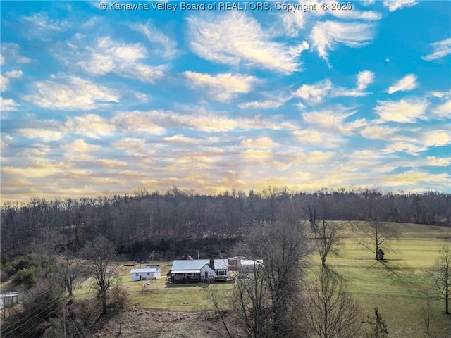 aerial view at dusk with a rural view