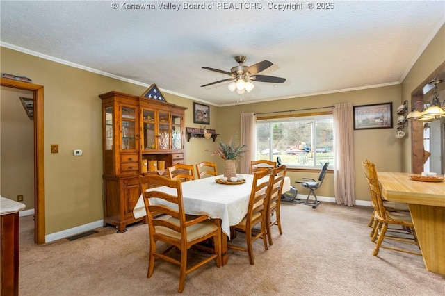 carpeted dining room with crown molding, ceiling fan, and a textured ceiling