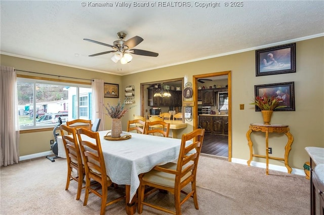 carpeted dining space featuring a textured ceiling, ornamental molding, and ceiling fan