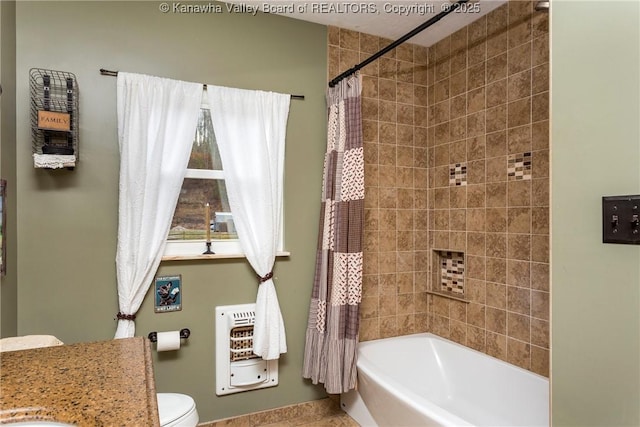 full bathroom featuring toilet, vanity, shower / bathtub combination with curtain, and heating unit