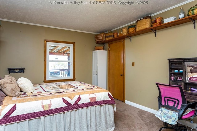 bedroom with crown molding, carpet floors, and a textured ceiling