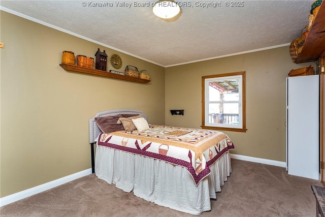 bedroom with crown molding, carpet floors, and a textured ceiling