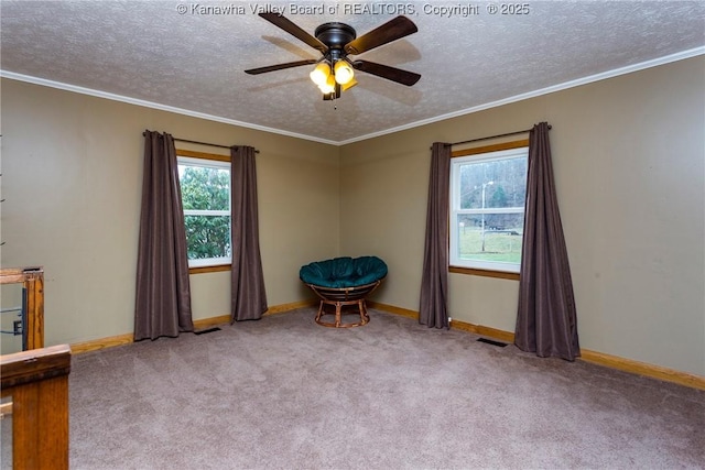 unfurnished room featuring crown molding, light carpet, and a textured ceiling