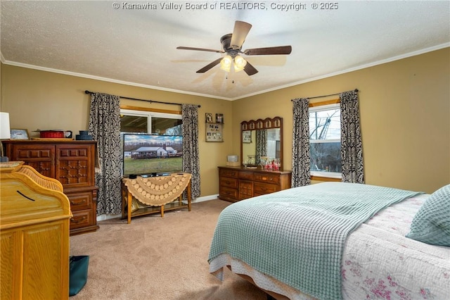 carpeted bedroom with crown molding, ceiling fan, and a textured ceiling