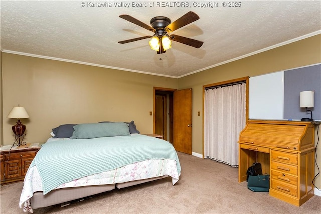 bedroom with crown molding, light carpet, and a textured ceiling