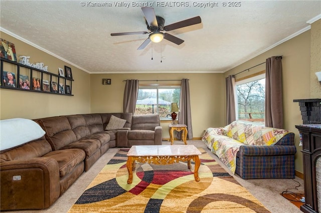 carpeted living room featuring crown molding, a healthy amount of sunlight, and a textured ceiling