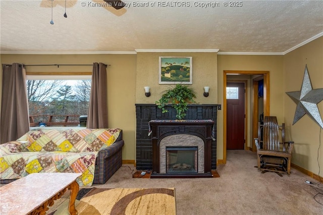 living room featuring crown molding, light colored carpet, and a textured ceiling