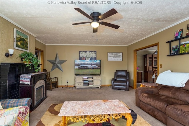 carpeted living room featuring ceiling fan, ornamental molding, and a textured ceiling