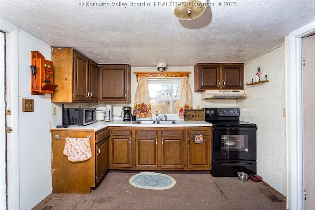 kitchen featuring sink, black range with electric cooktop, and a textured ceiling