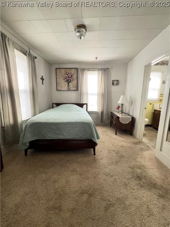 bedroom featuring connected bathroom and carpet flooring