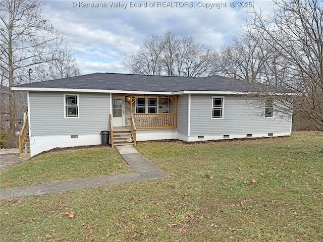 single story home with a front yard and a porch