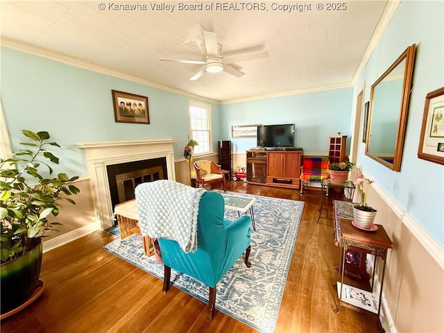 living room featuring ceiling fan, ornamental molding, and hardwood / wood-style floors