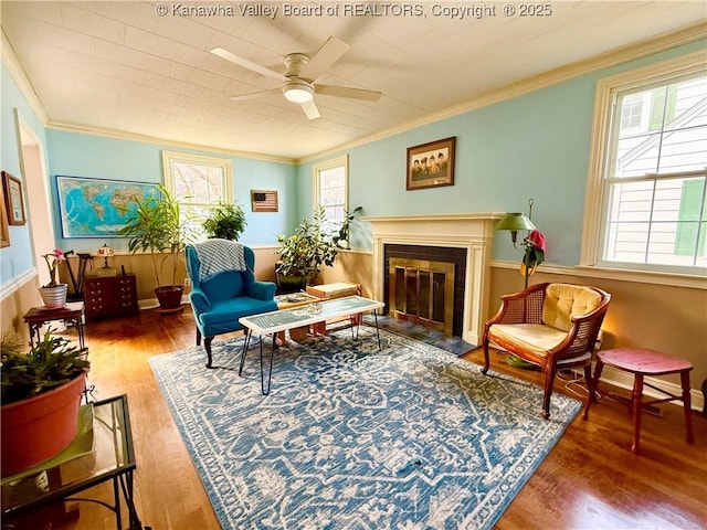 living area with hardwood / wood-style floors, ornamental molding, and a healthy amount of sunlight