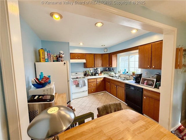 kitchen featuring light tile patterned floors, white electric stove, sink, and dishwasher