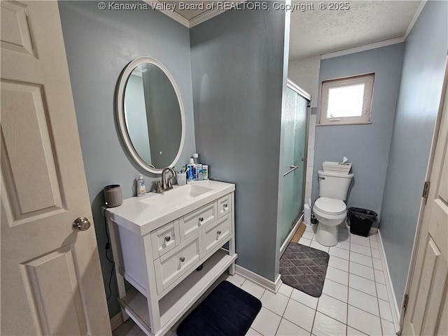 bathroom featuring walk in shower, crown molding, a textured ceiling, vanity, and tile patterned flooring