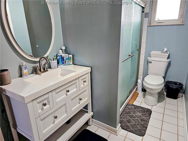 bathroom featuring vanity, tile patterned flooring, toilet, and walk in shower