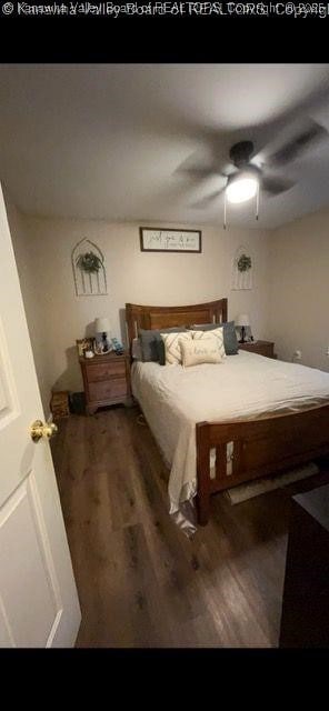 bedroom with a ceiling fan and wood finished floors