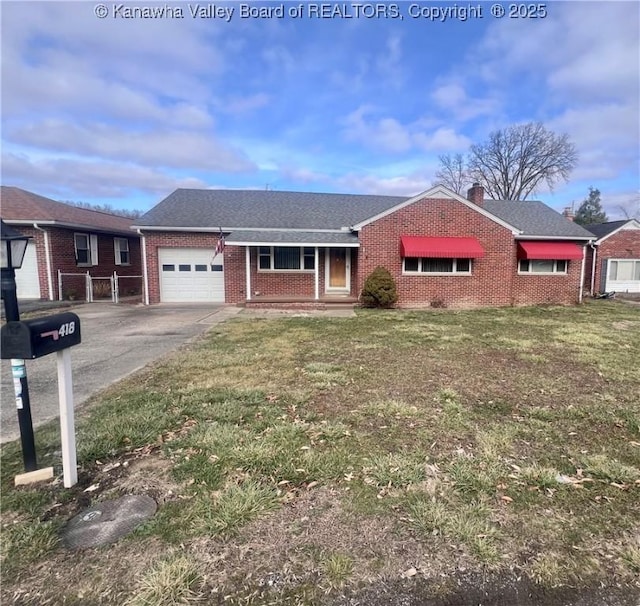 single story home with a garage, covered porch, and a front yard