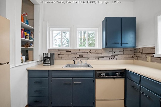 kitchen with tasteful backsplash, blue cabinetry, sink, and white appliances