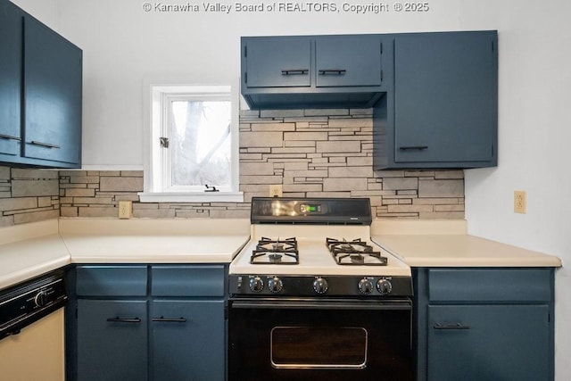 kitchen featuring blue cabinetry, dishwasher, range with gas stovetop, and tasteful backsplash