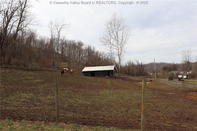 view of yard with a rural view and an outdoor structure