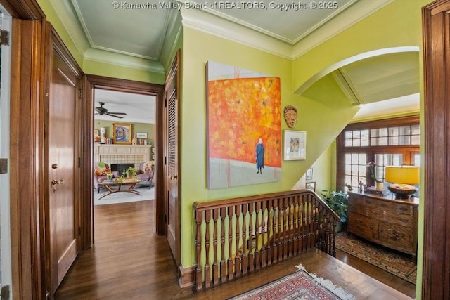 hallway with dark hardwood / wood-style flooring and ornamental molding