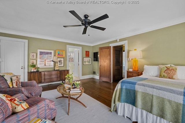 bedroom with crown molding, ceiling fan, and dark hardwood / wood-style flooring