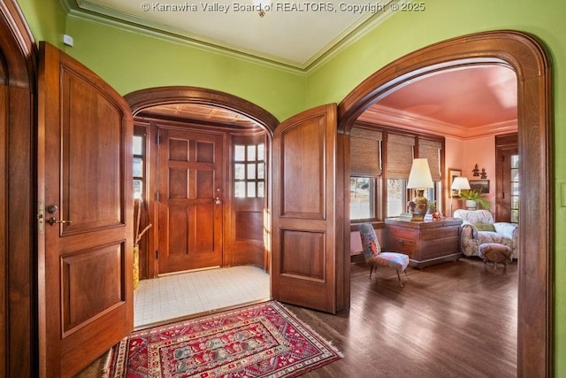 foyer entrance featuring dark wood-type flooring and ornamental molding