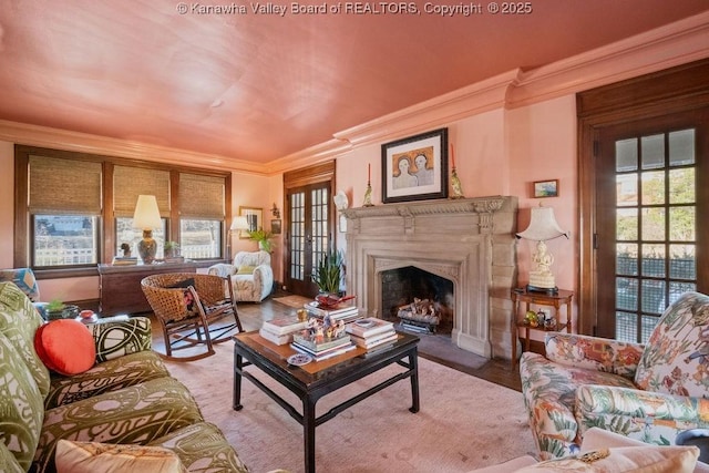 living room with crown molding and a fireplace