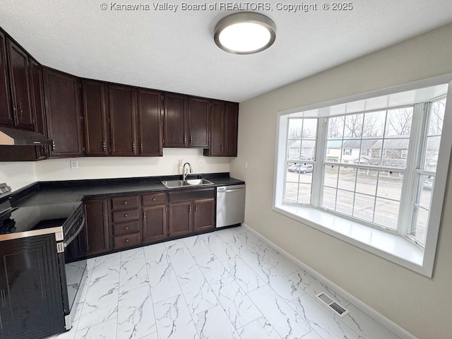 kitchen featuring range with electric stovetop, dishwasher, dark brown cabinets, and sink