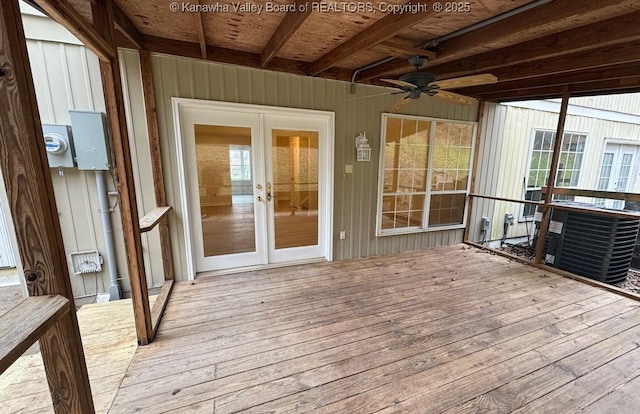 wooden deck featuring ceiling fan and central AC unit