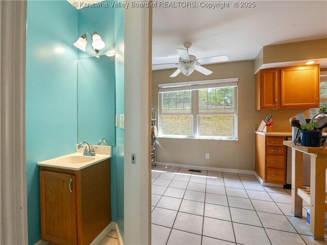 bathroom featuring tile patterned flooring, vanity, and ceiling fan