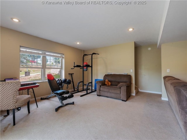 exercise room featuring light colored carpet