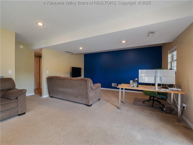 living room featuring light carpet